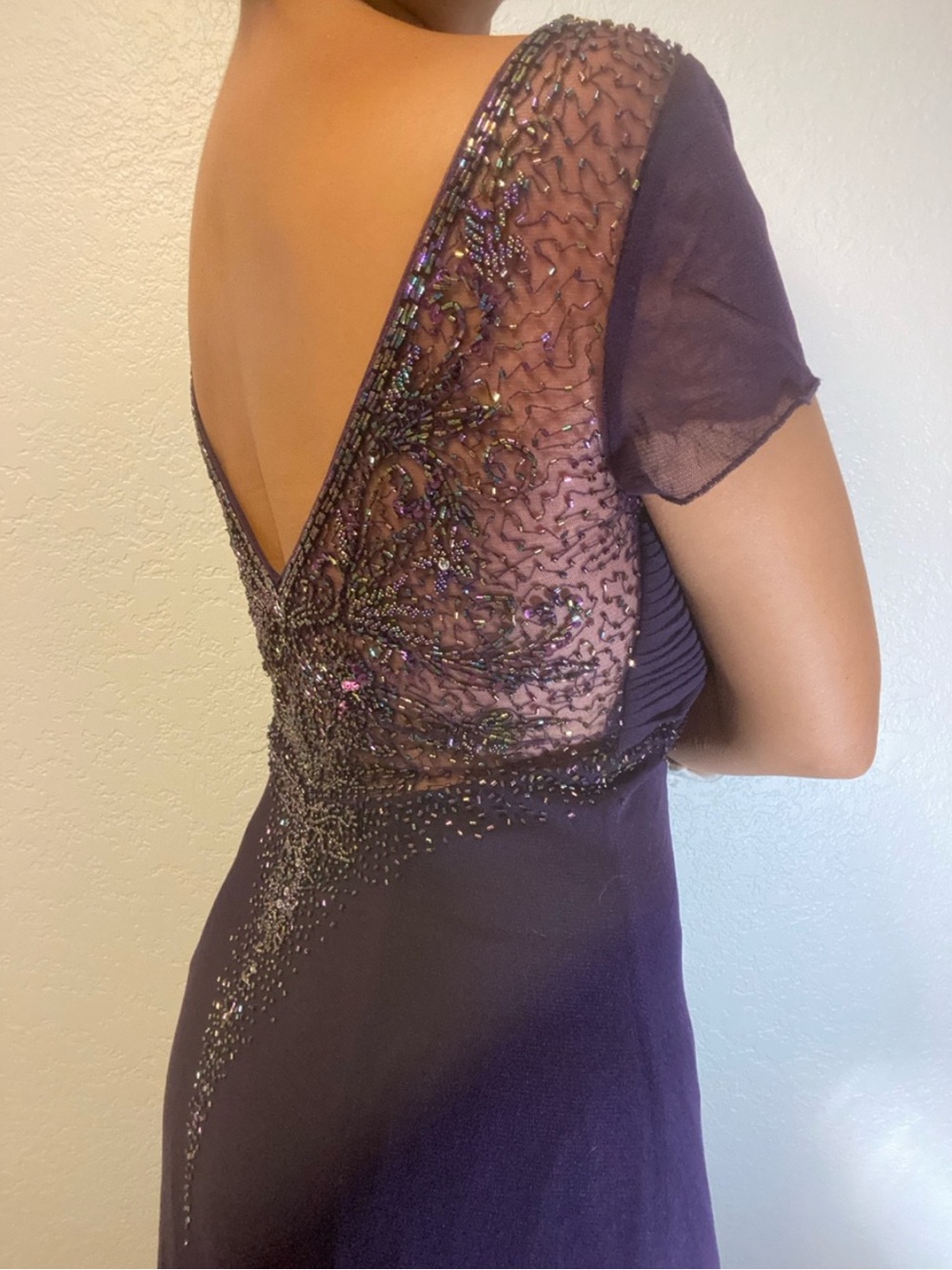 Dave & Johnny Deep Purple Beaded V-Back Evening Gown